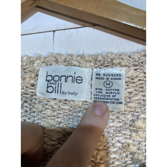 Vtg 90s Bonnie & Billy Tan Floral Appliqué Chunky Knit Sweater Cottage Fairy - Picture 5 of 10